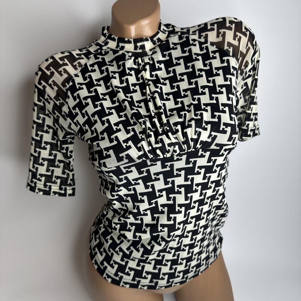 Danyu Y2K Houndstooth Mesh Top Ruched Mock Neck Geometric Black White Blouse Med
